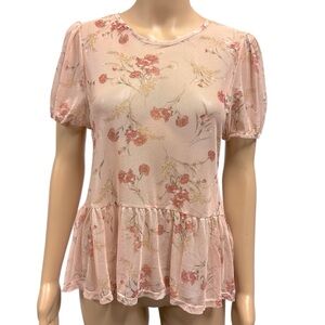 Tiny Willow Short Sleeve Babydoll Sheer Mesh Floral Blouse Top Womens Large